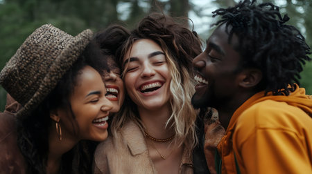 A diverse group of friends laughing and bonding together in a natural,outdoor setting,showcasing the importance of social connections,mental wellness,and the pure joy of shared experiences.の素材