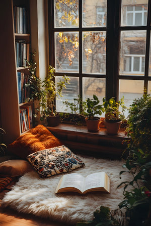 Cozy and Peaceful Reading Nook Surrounded by Lush Plants and Warm Natural Lighting,Creating a Serene Haven for Relaxation and Contemplationの素材