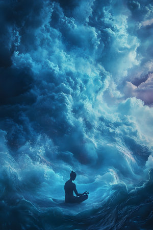 Captivating digital art depicting the merging of powerful ocean waves with a solitary silhouette in a meditative pose.の素材