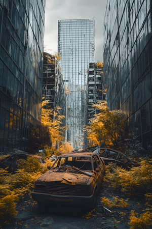 Dystopian urban landscape with overgrown,decaying buildings,shattered glass windows,and rusted abandoned vehicles reclaimed by nature in a post-apocalyptic setting.の素材