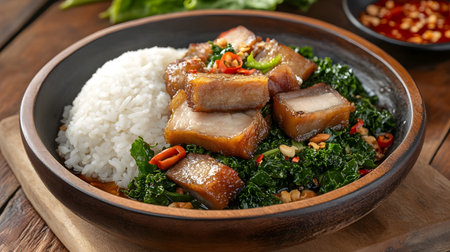 Delectable Thai Crispy Pork Belly Stir-Fry with Vibrant Kale,Served over Fluffy Rice in a Traditional Street Food Presentation with Casual Stylingの素材