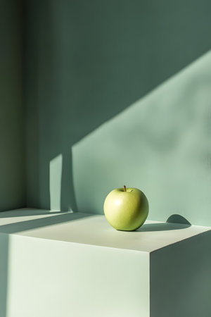 Bright and Fresh Green Apple Photographed in a Minimalist Studio Setup with Clean White Background and Soft Directional Lighting,Creating a Contemporary and Elegant Aesthetic.の素材