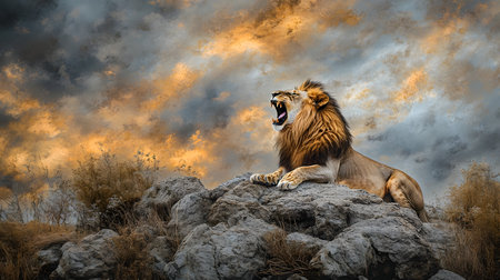Majestic Lion Unleashing a Powerful Roar on a Rocky Terrain with a Dramatic,Moody Sky Backdrop Showcasing the Raw Dominance and Natural Grandeur of the King of the Animal Kingdomの素材