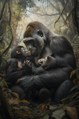 A Tender Gorilla Family Moment in the Dense Forest Habitat,Showcasing the Intimate Kinship and Protective Nurturing Among the Primate Groupの素材