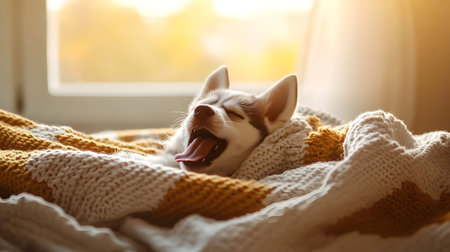 Sleepy Husky Puppy Yawning Contentedly on Cozy Blanket as Soft Morning Light Filters Through the Window,Concept of Comfort and Warmthの素材