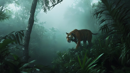 Majestic tiger prowling through dense jungle mist,its powerful presence and raw beauty of nature and predator elegance captured in this cinematic wildlife photography.の素材