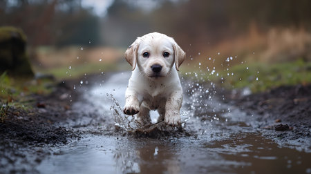 Energetic Labrador puppy happily splashing through a muddy puddle,raindrops frozen mid-air,in a scenic countryside landscape with a lush,green background.の素材
