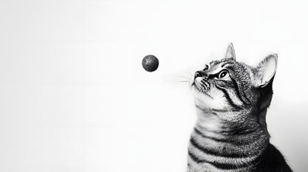 Tabby Cat Batting at Dangling Toy in Mid-Motion on Clean White Background with Minimalistic and Modern Vibeの素材