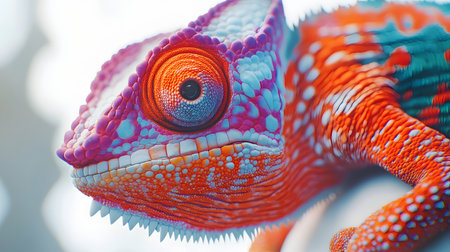 Close-up of a vibrant chameleon reptile showcasing its textured scales and vivid colors against a clean white studio backdrop,capturing the fascinating details and beauty of this exotic pet.の素材
