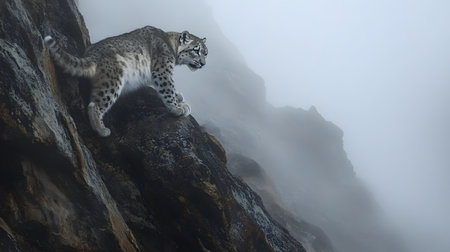 Majestic snow leopard cautiously navigates a rugged mountain cliff,with a foggy backdrop highlighting the powerful and graceful movements of this endangered apex predator in its harsh natural habitat.の素材
