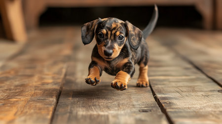 Adorable and playful dachshund puppy chasing its own tail on a cozy wooden floor in a home setting,exuding a sense of innocence and pure joy.の素材