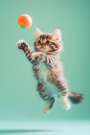 Energetic Fluffy Kitten Jumping Mid-air with Colorful Toy on Pastel Background,Capturing the Playful and Joyful Essence of a Playful Petの素材