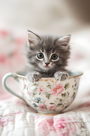 Tiny,adorable gray kitten sitting snugly inside a vintage porcelain teacup with an ornate floral design in soft,pastel tones. A whimsical and enchanting concept.の素材