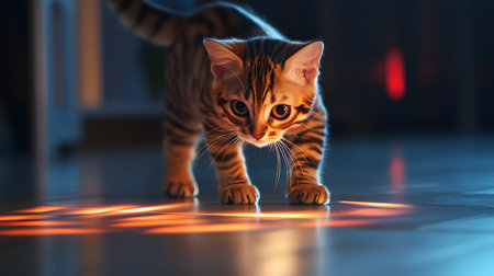 Energetic and Playful Bengal Kitten Chasing a Laser Pointer on Sleek Modern Floor in an Urban Home Interior Setting,Dynamic and Fun Conceptの素材