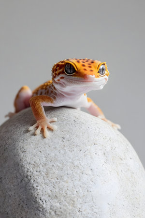 Inquisitive Leopard Gecko Perched on Smooth White Stone in Clean Studio Setting - Closeup of Exotic Reptile's Detailed Scaly Skin and Curious Expression Against Minimalistic Backdropの素材