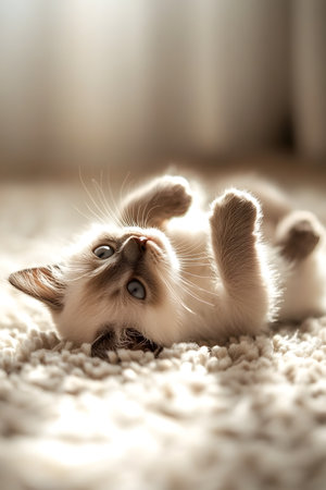 Adorable Siamese kitten playfully rolling over on a soft,warm rug in a natural daylit,cozy indoor setting,conveying a sense of comfort and joy.の素材