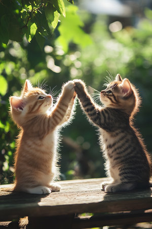 Two adorable kittens high-fiving each other on a wooden bench in a sunny garden,showcasing a cheerful atmosphere and the concept of friendship and teamwork.の素材