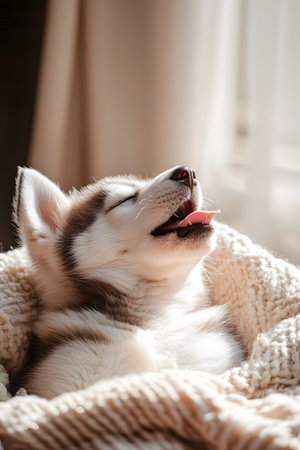 A cute and fluffy husky puppy yawning and relaxing on a cozy,soft blanket in a warm,indoor setting with soft morning light,conveying a sense of comfort and tranquility.の素材