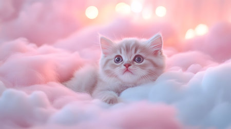 Cute and Cozy Scottish Fold Kitten Resting on a Soft Fluffy Cloud Pillow with a Dreamy Pastel and Surreal Background,Representing a Magical and Whimsical Concept.の素材