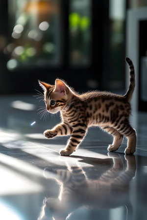 Lively and Playful Bengal Kitten Chasing a Laser Pointer with Energetic Movements on a Sleek,Shiny Modern Floor in an Urban Home Setting.の素材