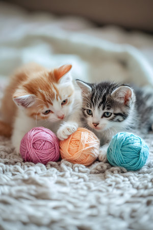 Three adorable kittens playing and interacting with colorful yarn balls in a soft,homey living room setting. The scene captures a sense of joy,comfort,and togetherness.の素材