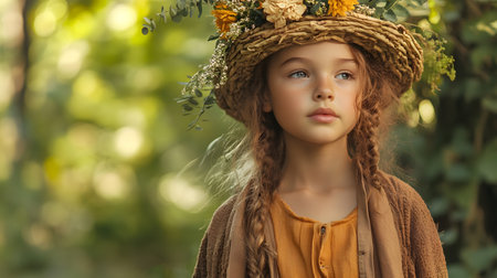 Eco-Conscious Child Model in Sustainable Fashion Amid Natural Scenery - Portrait of a young girl wearing earthy-toned,sustainable clothing in a tranquil forest setting.の素材