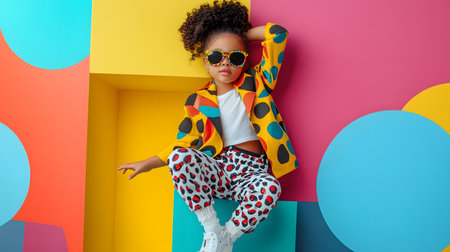 Trendy young model posing confidently on a vibrant,colorful geometric studio set,showcasing bold,retro-inspired fashion and an energetic,playful mood.の素材