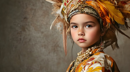 Portrait of a child wearing a fusion of traditional cultural clothing and modern fashion elements,creating an and imaginative composition with neutral studio lighting.の素材