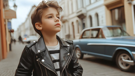 Stylishly dressed young boy posing in a vintage urban streetscape setting with a retro classic car in the background,capturing a modern and edgy fashion look.の素材