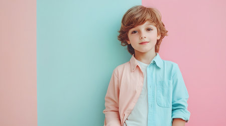 Confident young fashion model posing in a pastel-themed studio setting with a clean,minimalist background. The image showcases trendy kids' wear and an editorial,fashion-forward style.の素材