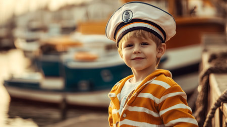 Cheerful young boy wearing a sailor's uniform and captain's hat stands confidently on a dock with boats in the background,conveying a sense of maritime career andの素材