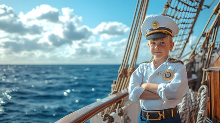 Portrait of a ship captain dressed in uniform standing confidently on the deck of a large nautical vessel,with the vast blue ocean and cloudy sky in the background.の素材