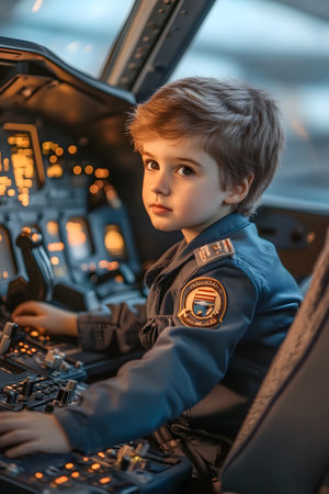 Young boy in pilot's uniform sitting in plane cockpit,hands on controls,exploring the instruments and displays - aspiring for a future aviation career and flight adventure.の素材