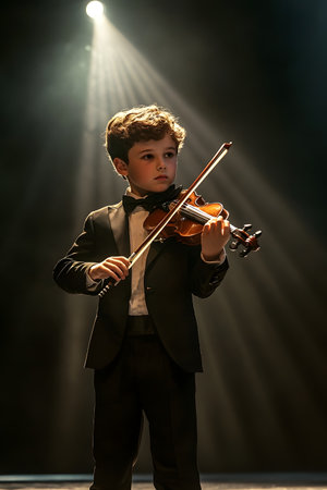 Young male musician in tuxedo playing violin on stage under a dramatic spotlight,with classical concert theme and professional performance setting.の素材