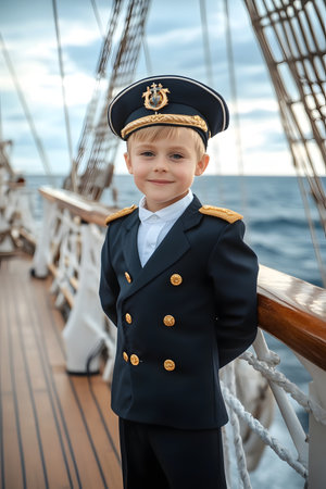 Young boy dressed as ship captain standing proudly on the deck of a large nautical vessel,with the ocean and horizon visible in the background.の素材