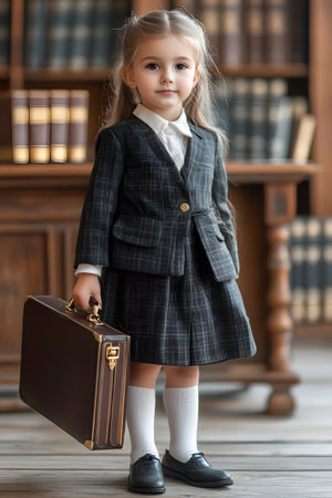 Confident and Poised Young Girl Dressed in a Formal Lawyer's Outfit,Standing Proudly with a Briefcase in a Courtroom Setting with Law Books in the Background,Depicting a Future Careerの素材