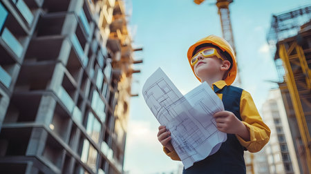 Portrait of a young boy dressed as an architect,holding blueprints and inspecting the construction of a modern building on a busy urban development site.の素材