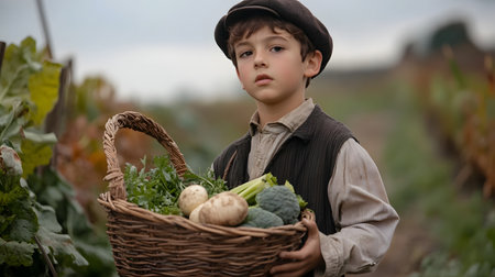 Portrait of a young boy dressed in a farmer's outfit,holding a wicker basket filled with freshly harvested vegetables against the backdrop of a verdant rural field.の素材