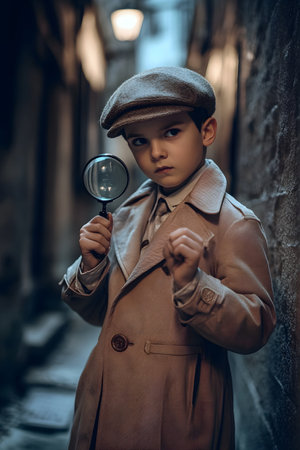 A young boy,dressed in a trenchcoat and cap,holds a magnifying glass as he investigates the dark,shadowy alleyways of the city,searching for clues and solving the mystery before him.の素材