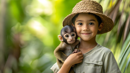 Young smiling boy dressed as zookeeper holding an adorable baby monkey in a lush tropical habitat background,showcasing the child's care and fascination with wildlife conservation.の素材