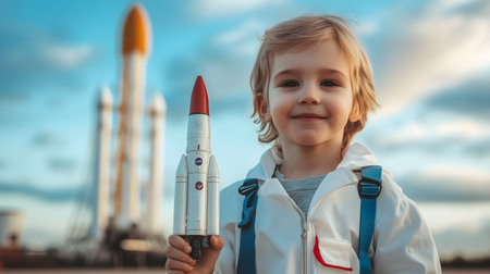 Cheerful young boy dressed as a rocket scientist,holding a model spacecraft and standing in front of a launch pad,representing and ambition for a future aerospace career.の素材