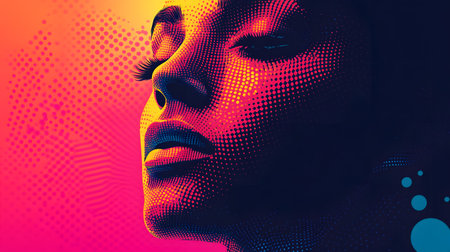 Vibrant,abstract digital art backdrop featuring a vivid halftone gradient with bold neon colors,perfect for tech branding,poster designs,or other creative visual projects.の素材