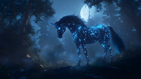 Bioluminescent fairytale unicorn standing amidst the mist of an enchanted forest,bathed in the glow of the mystical moonlight,creating a magical,otherworldly atmosphere.の素材