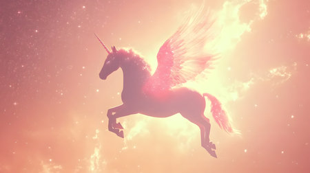 Enchanting winged unicorn with glowing angelic wings,soaring gracefully through an ethereal sky of pastel hues and twinkling stars. A magical.の素材