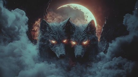Haunting Two-Headed Fairytale Wolf with Glowing Eyes and Ethereal Fur Howling at Crescent Moon in Surreal Enchanted Landscape with Moody Cloudy Night Skyの素材