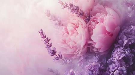 Vibrant watercolor peonies and lavender blooms set against a soft,dreamy gradient background. This luxurious and refined floral arrangement is perfect for romantic wedding cards,invitations.の写真素材
