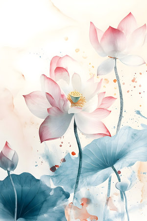 Delicate watercolor painting of lotus flowers in soft pastel hues with flowing splashes of color,creating a tranquil and spiritual atmosphere perfect for wedding invitation cards.の写真素材