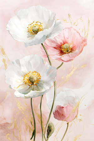 Exquisite watercolor poppies in soft blush and pristine white tones, accented with delicate golden highlights, creating an airy and romantic layout perfect for elegant wedding cards, invitations.の写真素材