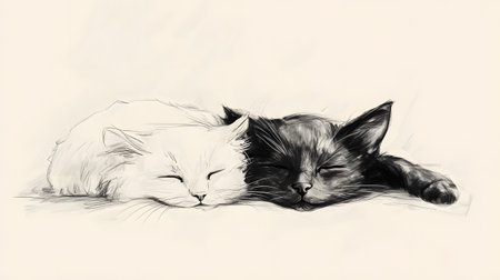 Minimalist black and white sketch depicting a cat and dog cuddled up together in a serene,tranquil...