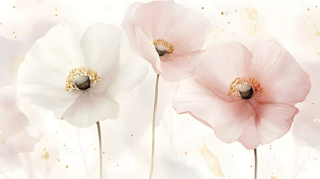 Elegant watercolor poppies in soft blush and white with subtle golden highlights,creating an airy and romantic layout perfect for chic wedding cards,invitations,or other stationery designs.の写真素材